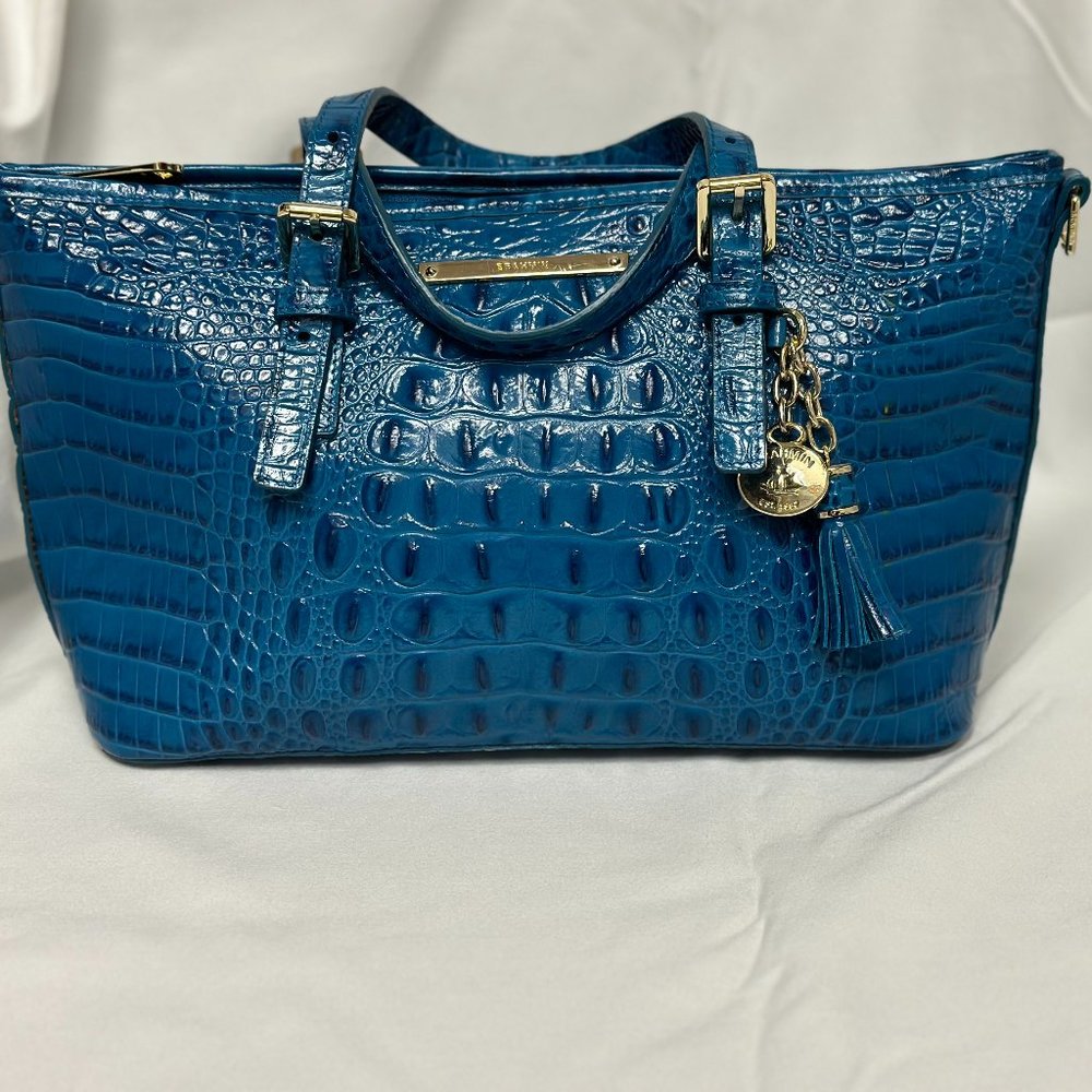 Brahmin Teal Blue Croc-Embossed Leather Satchel with Gold Hardware